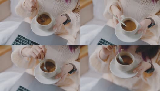 昏昏欲睡的女人喝咖啡提神。高清在线视频素材下载