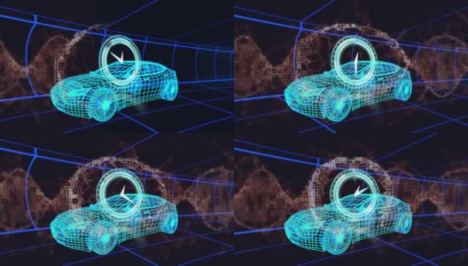 动画人类大脑，dna链旋转和时钟在三维绘制模型的汽车和网格高清在线视频素材下载