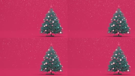 动画飘落的雪。有玩具的圣诞树和珊瑚背景上的一颗星星。放置你的文本。明信片动画,祝贺你。3 d渲染动画高清在线视频素材下载