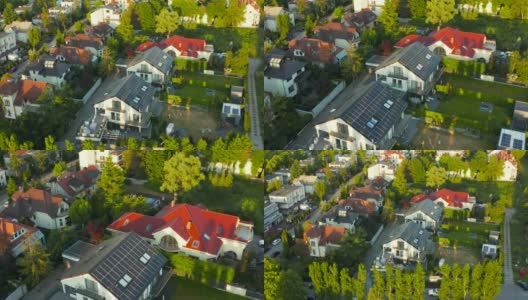 一架无人机瞄准了一座屋顶装有太阳能光伏板系统的现代住宅小屋。可再生生态绿色能源生产理念。可持续能源。技术。高清在线视频素材下载