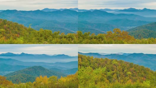 Panning Over Layered Smoky Mountains with Fall Colored Trees高清在线视频素材下载