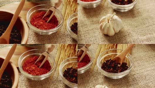 Garlic, Szechouan pepper, ground red chili and black peppercorn高清在线视频素材下载