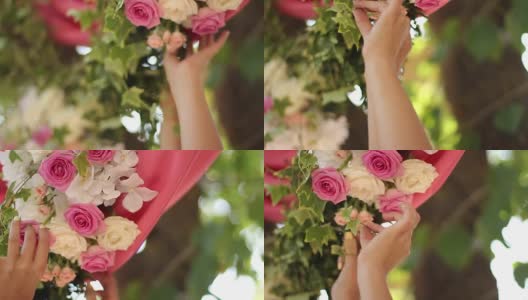 婚礼装饰设置。花商和装饰师制作的乡村花卉装饰与粉色玫瑰花卉组成的手。FullHD 1080 p全高清视频高清在线视频素材下载