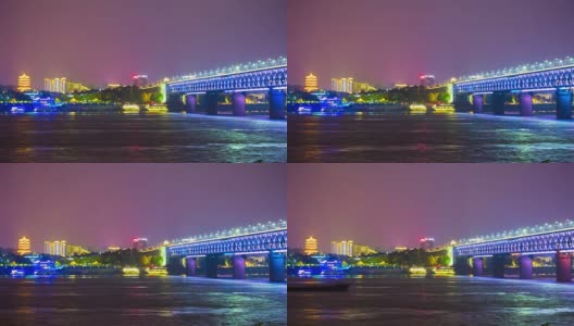 夜光照亮武汉城著名的长江大桥湾全景，4k时间流逝中国高清在线视频素材下载
