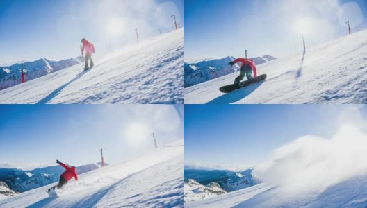 滑雪板运动员在滑雪道上滑行，在转弯时喷着雪，背景是山脉高清在线视频素材下载