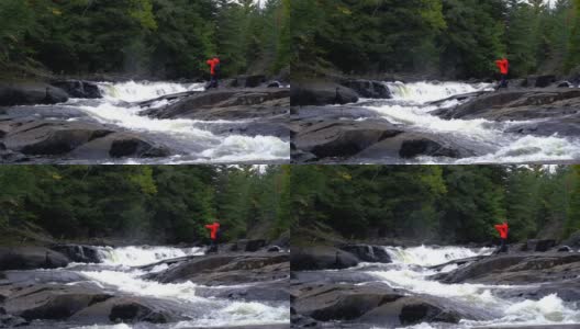 男子徒步在森林，河流和瀑布秋天森林自然，魁北克省，加拿大高清在线视频素材下载