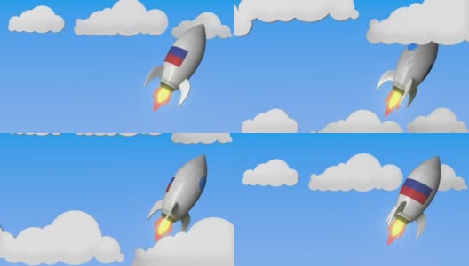 挂着俄罗斯国旗的火箭在天空中飞翔。俄罗斯成功或太空计划相关的可循环运动背景高清在线视频素材下载