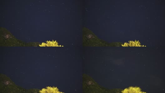 夜空与星星旋转的空间天体摄影时间流逝。山和树的前景高清在线视频素材下载