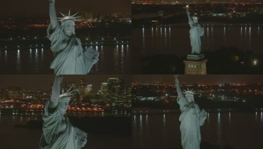 自由女神像的夜晚，航拍高清在线视频素材下载