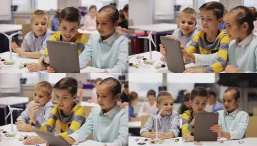 孩子们在机器人学校用平板电脑编程高清在线视频素材下载