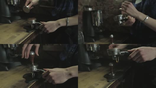 咖啡师捣碎咖啡粉，特写高清在线视频素材下载