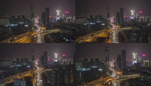 夜间照明飞行在深圳市区交通街道空中全景4k中国高清在线视频素材下载