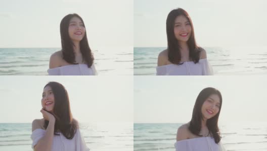 慢镜头-年轻的亚洲女子在海滩上散步。美丽的女性快乐放松漫步在海滩附近，日落在傍晚。生活方式女性旅行海滩概念。高清在线视频素材下载