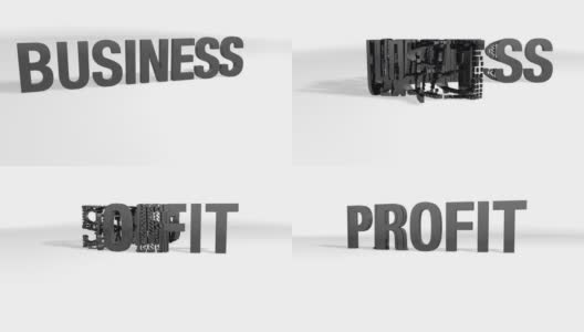当相机从左向右移动时，通过分解粒子，Word BUSINESS转化为Word PROFIT。白底黑字高清在线视频素材下载