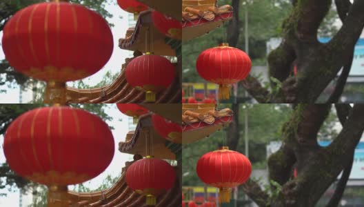 美丽的圆红灯笼挂在古老的传统寺庙，中国农历新年节日的概念高清在线视频素材下载