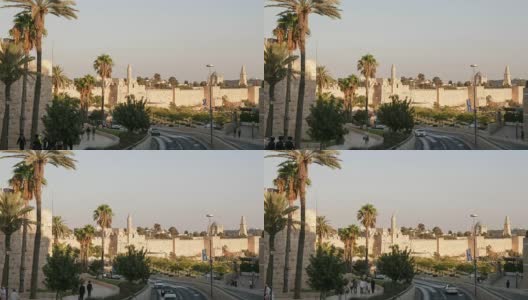 下午观看耶路撒冷的城墙和大卫塔。普通的城市场景，市民，游客，交通。间隔拍摄。高清在线视频素材下载