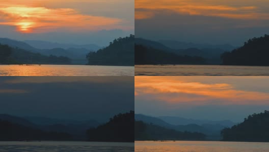 美丽的日落和戏剧性的天空在湖与山脉为背景的泰国。高清在线视频素材下载