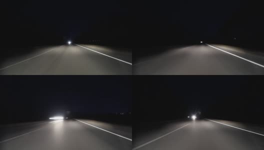 POV时间推移，快速的汽车在晚上行驶在古老的乡村道路上。迎面而来的卡车。驾驶pov老路时间推移/hyperlapse晚上。Pov夜间行车超溃在高速公路上通过一系列隧道。相机放置在车辆外，水平水平高清在线视频素材下载