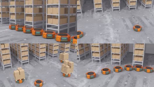 橙色的机器人搬运工在现代仓库里搬运货物高清在线视频素材下载