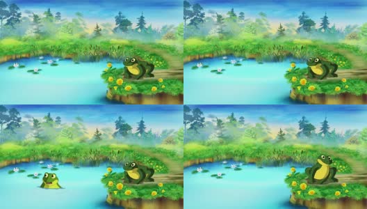 池塘边的绿色青蛙高清在线视频素材下载