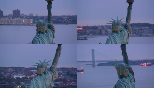 傍晚的自由女神像，航拍高清在线视频素材下载