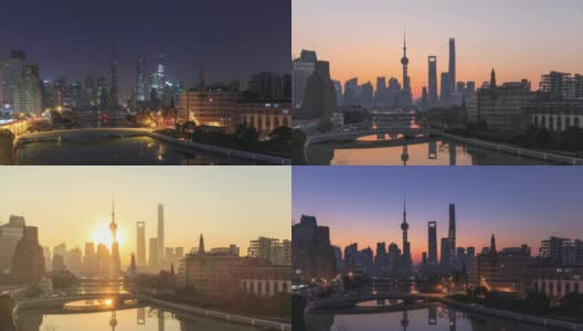 上海天际线和城市景观在日出时的4K时间间隔(从夜晚到白天)高清在线视频素材下载