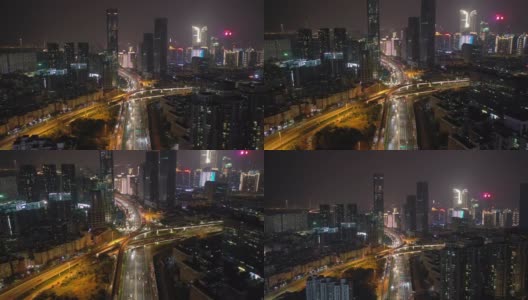 夜间照明飞行在深圳市区交通街道空中全景4k中国高清在线视频素材下载