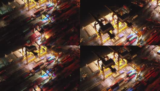 夜间港口的空中集装箱船高清在线视频素材下载