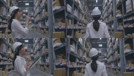 仓库工人或亚洲妇女快乐劳动佩戴医用口罩，防止冠状病毒和PM2.5粉尘。在运输行业工作时要戴安全帽以保护自己。概念的关键员工高清在线视频素材下载