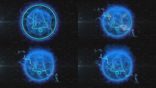 蓝色数字波浪的数字动画霓虹灯蓝色通知钟图标对砖墙高清在线视频素材下载