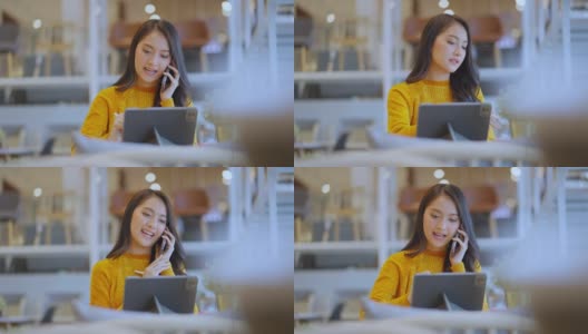 聪明休闲的亚洲女商人创业公司企业家小企业主工作和讨论与客户在新商店商店办公室背景迷人开朗的女性使用平板智能手机高清在线视频素材下载