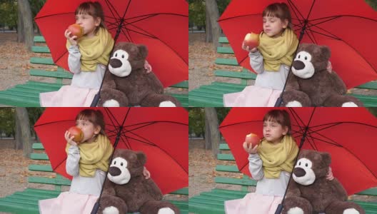 孩子们坐在红色雨伞下的木凳上，旁边是泰迪熊，在大自然的秋天吃苹果高清在线视频素材下载