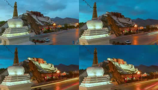 4K时间流逝电影日落场景与红绿灯布达拉宫，中国西藏高清在线视频素材下载