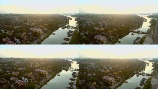 在会安古城的河流上，有桥和船高清在线视频素材下载