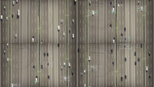 鸟瞰图的高速公路，汽车通过去城市和未来的图形出现高清在线视频素材下载