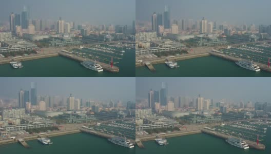 晴天青岛著名的奥林匹克湾广场游艇码头航拍全景4k中国高清在线视频素材下载
