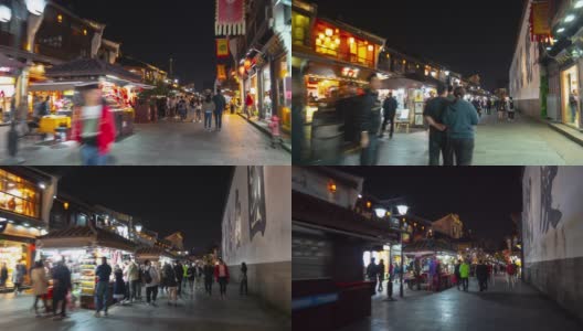 夜光照亮杭州市内著名的步行街，步行街全景，时光流逝4k中国高清在线视频素材下载