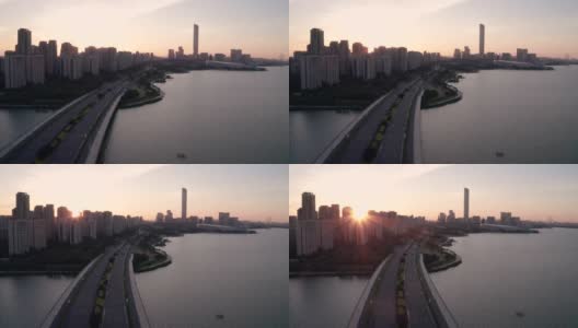 日出与住宅建筑。中国苏州航拍。高清在线视频素材下载