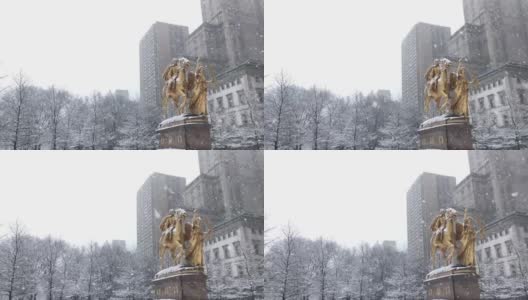 雪中央公园-天空，纪念碑，和建筑物高清在线视频素材下载