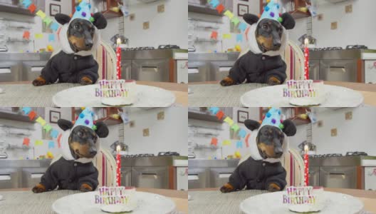 可爱的腊肠狗狗穿着滑稽的熊猫服装，戴着兜帽和节日帽，坐在摆满蜡烛的生日蛋糕前的桌子前，在为庆祝派对而装饰的房间里，想要吃点东西高清在线视频素材下载