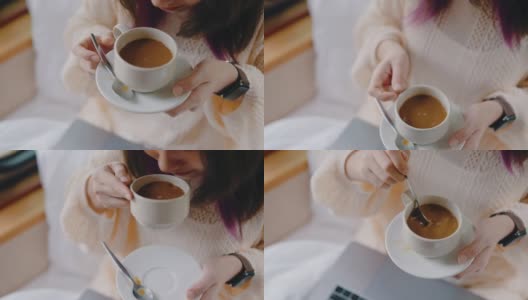 自由职业女性以咖啡开始新的一天。高清在线视频素材下载