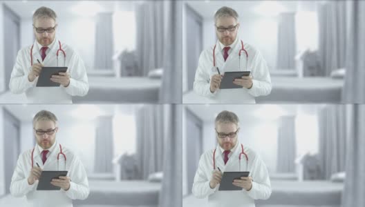 医生在病房里用现代化的平板电脑填写检查表。临床研究相关注射高清在线视频素材下载