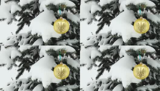 户外圣诞树上挂着乌克兰国徽的圣诞装饰高清在线视频素材下载