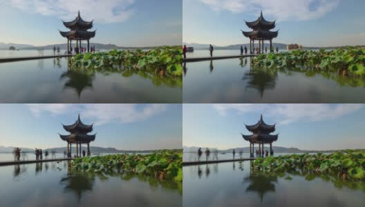 杭州城阳光明媚的夏日著名的湖湾宝塔码头全景，时光流逝4k中国高清在线视频素材下载
