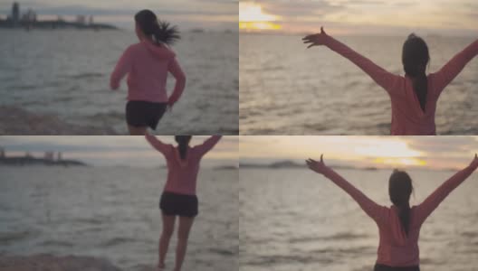 一位穿着运动服慢跑的健身女士在美丽的日落时分看着大海的景色。高清在线视频素材下载