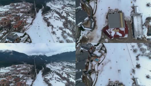 在冬季旅游胜地班斯科，保加利亚，静态无人机显示滑雪斜坡的照片高清在线视频素材下载