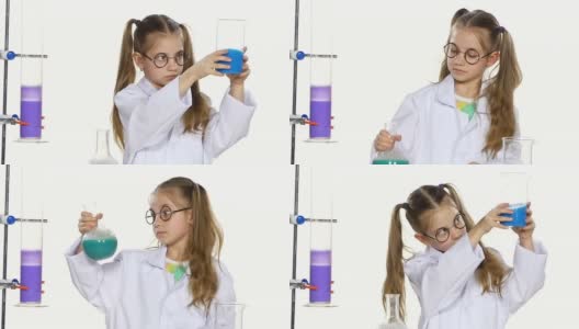 穿着制服戴着圆眼镜扎着马尾辫的可爱女孩在白色背景慢镜头下评估化学实验高清在线视频素材下载