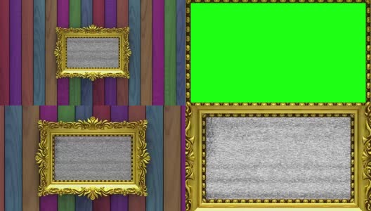 镜头拉近到金色的相框背景上的彩色木材。电视噪音和绿色色度键在屏幕上播放。3 d动画。高清在线视频素材下载