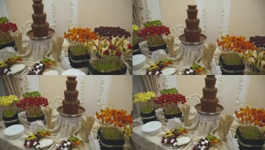 糖果棒婚礼，糖果自助餐，巧克力喷泉，蛋糕高清在线视频素材下载