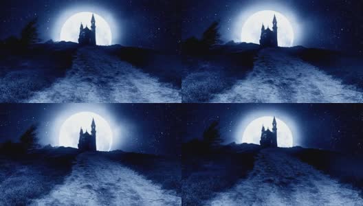 月亮映衬下的夜晚山上的城堡高清在线视频素材下载